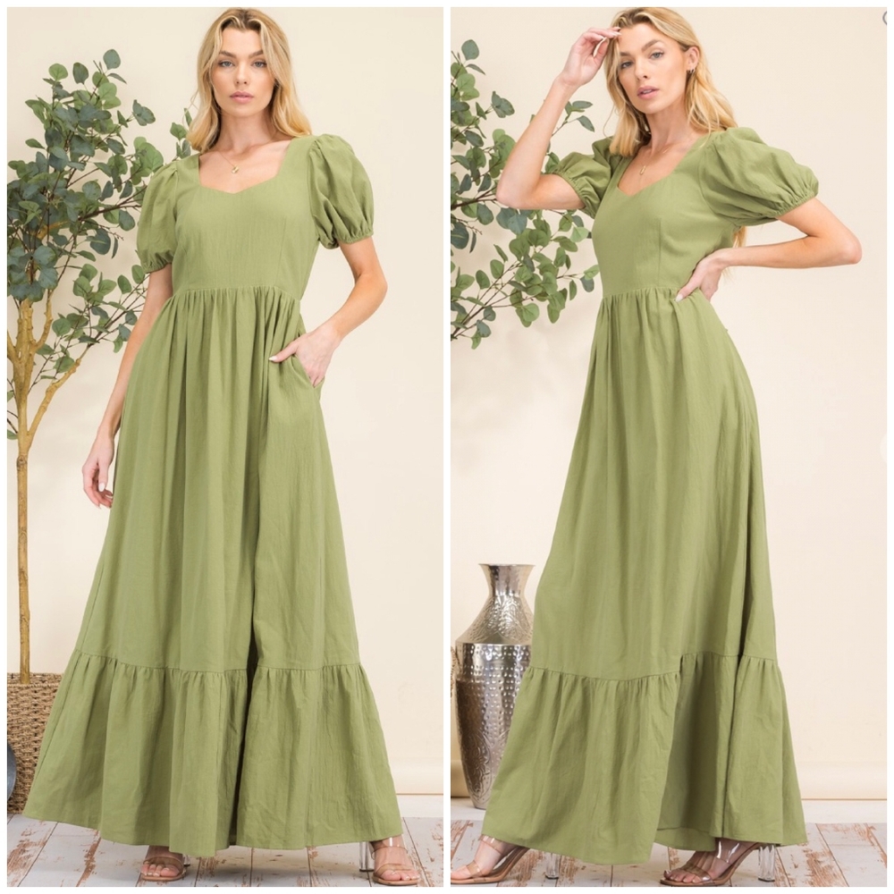 HYFVE Boho Chic Olive Green Puff Sleeves Tiered Maxi Dress - Picture 5 of 7